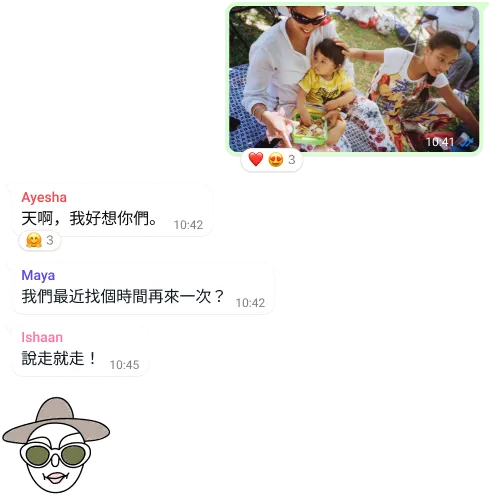 WhatsApp 群組對話功能，包括照片和訊息交換的螢幕截圖